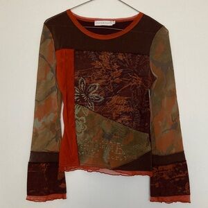 Cache Cache Euro Long Sleeve Patchwork Top in Rust, Olive & Brown